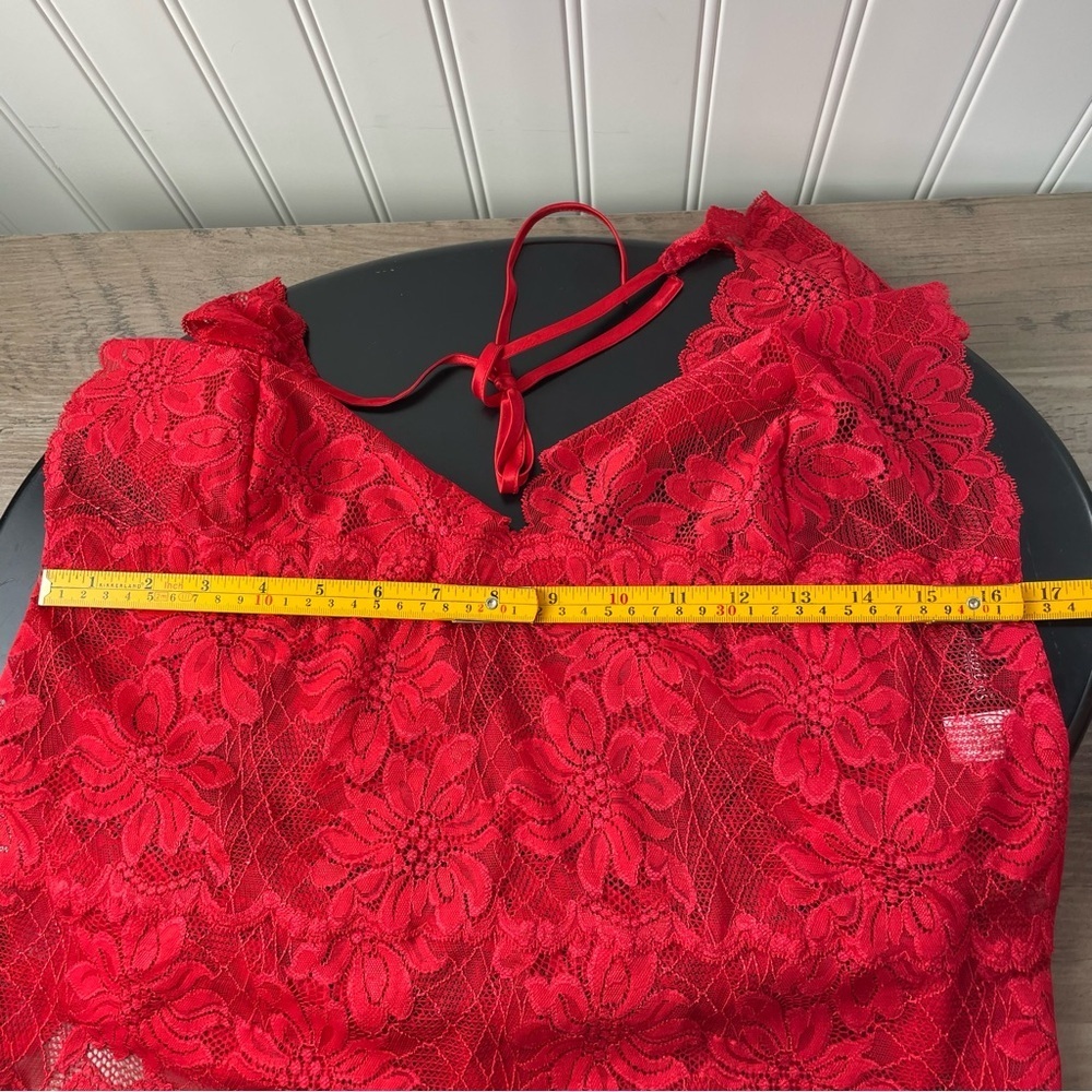 Fredericks of Hollywood Red Sheer Floral Lace Halter Chemise 2X Scalloped Edge - Picture 9 of 9